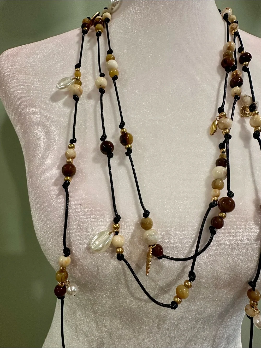 Zara Layered Bead Necklace in White and Brown with Gold Accents - Picture 2 of 4